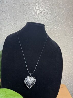 Silver Heart Locket Necklace with Filigree Detail clear rhinestone angel wings